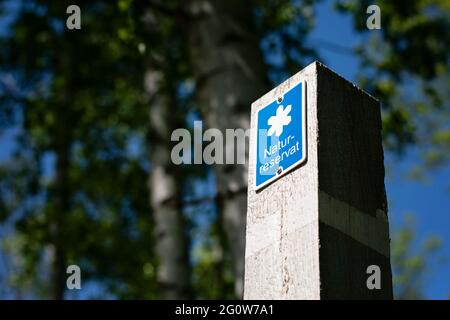 Poteau et panneau de sentier en bois informant en suédois qu'il s'agit d'une réserve naturelle. En arrière-plan se trouve la forêt avec ses bouleaux. Banque D'Images