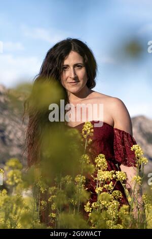 fille enceinte de 39 ans en robe rouge parmi le champ de fleurs jaunes Banque D'Images