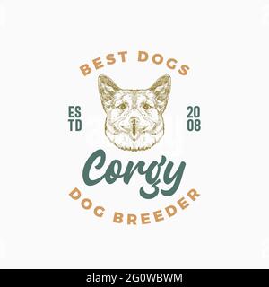 Modèle de badge ou de logo pour chien Breeder. Dessin de visage de race Corgy dessiné à la main avec Typographie rétro. Emblème Premium vintage. Isolé Illustration de Vecteur