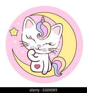 La licorne de chat est posée sur un croissant de lune. Illustration pour enfants. Vecteur Illustration de Vecteur