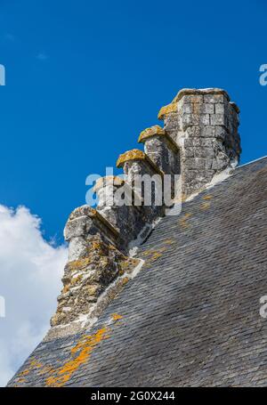 Détail d'un ancien toit en pente raide et d'une cheminée en pierre à Châtillon-sur-Indre, Indre (36), France. Banque D'Images