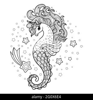 Dessin animé vectoriel de licorne. Dessin linéaire noir et blanc. Pour la conception de tirages, affiches, livres à colorier, autocollants, badges pour enfants, tatt Illustration de Vecteur