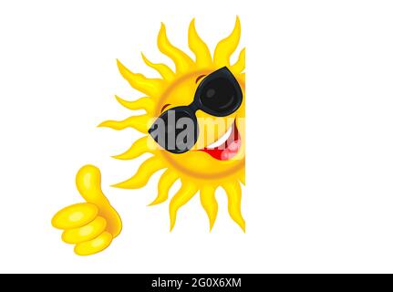 Un soleil de dessin animé gai dans des lunettes de soleil. Soleil sur fond blanc. Un soleil souriant et une main avec un pouce levé vers le haut. D'accord. Illustration de Vecteur