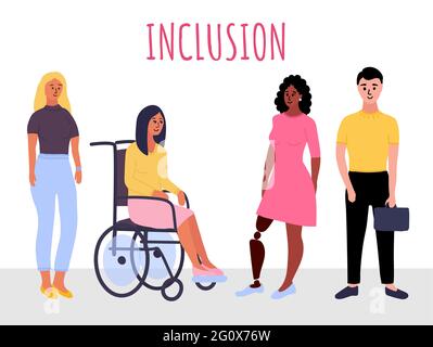 Groupe diversifié de jeunes, employés de bureau isolés sur fond blanc avec le lettrage inclusion. Société multinationale. Hommes et femmes debout tog Illustration de Vecteur