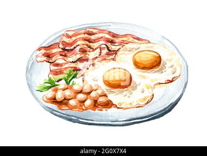 Petit-déjeuner anglais traditionnel avec œufs frits, morceaux de becon et haricots dans la sauce. Illustration aquarelle dessinée à la main isolée sur fond blanc Banque D'Images