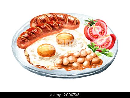 Petit-déjeuner anglais traditionnel avec œufs frits, saucisses, haricots et tomates fraîches. Illustration aquarelle dessinée à la main isolée sur fond blanc Banque D'Images