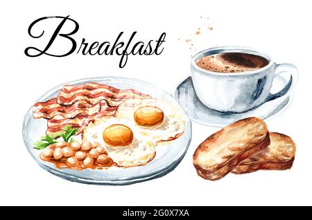 Petit-déjeuner anglais traditionnel avec œufs frits, morceaux de becon, haricots dans la sauce, toasts et une tasse de café. Isoler l'illustration aquarelle dessinée à la main Banque D'Images