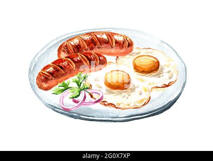 Petit-déjeuner anglais traditionnel avec œufs frits et saucisses. Illustration aquarelle dessinée à la main isolée sur fond blanc Banque D'Images