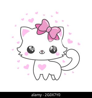 Joli dessin animé blanc chat avec un noeud. Convient aux imprimés, affiches, autocollants, tee-shirts, cartes, Badges, etc. Vector Illustration de Vecteur