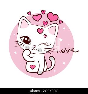 Joli chat de dessin animé avec lettrage de texte calligraphique. Amour. Pour la conception de tirages, affiches, cartes postales, Saint-Valentin, autocollants, tondeuses. Vecteur Illustration de Vecteur