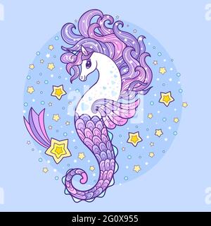 licorne de cheval de mer avec longue minière. Magic Sea animal.illustration pour enfants. Pour la conception de tirages, affiches, autocollants, cartes postales, banquets, Etc. Vect Illustration de Vecteur