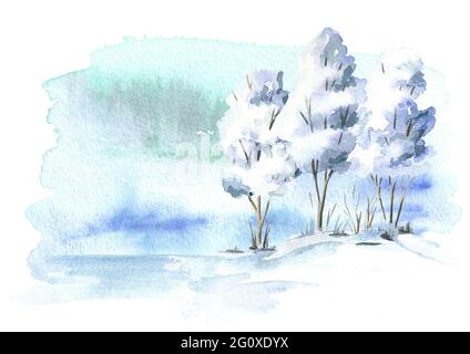 Arrière-plan d'hiver, paysage avec arbre. Illustration aquarelle dessinée à la main Banque D'Images