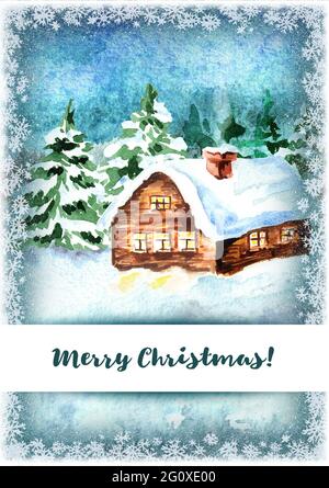 Fond d'hiver, carte de vœux Joyeux Noël. Modèle vertical aquarelle dessiné à la main Banque D'Images