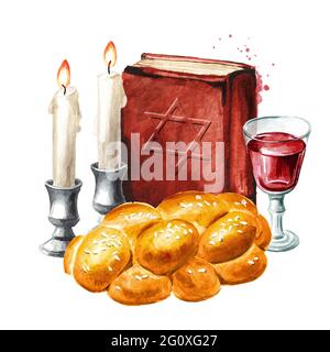 Carte Shebbat Shalom, célébration juive traditionnelle Oh le Shabbat, challah, bougies, livre de Torah et vin. Illustration aquarelle dessinée à la main, isoler Banque D'Images