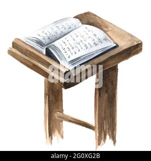 Le livre de la Torah Pentateuque de Moïse est ouvert sur la table de prière. Illustration aquarelle dessinée à la main, isolée sur fond blanc Banque D'Images