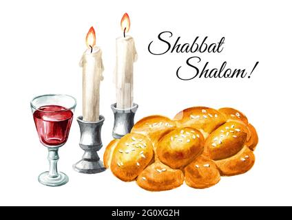 Carte Shebbat Shalom, célébration juive traditionnelle Oh le Shabbat, challah, bougies et vin. Illustration aquarelle dessinée à la main, isolée sur le blanc b. Banque D'Images