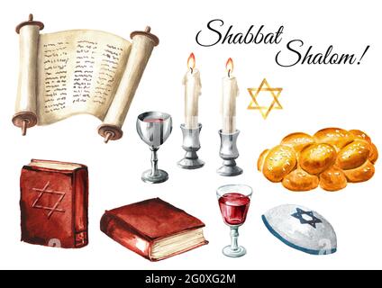 Shabbat Shalom Set, célébration juive traditionnelle Oh le Shabbat, challah, bougies, livre de Torah et vin. Illustration aquarelle dessinée à la main isolée Banque D'Images