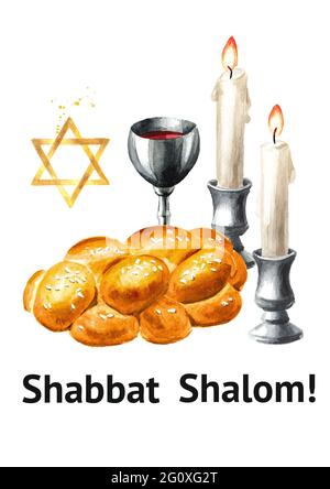 Carte traditionnelle de célébration juive Oh le Shabbat, challah, bougies et vin. Illustration aquarelle dessinée à la main, isolée sur fond blanc Banque D'Images