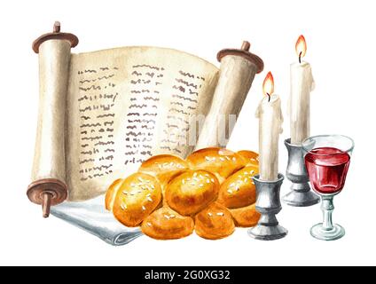 Shabbat Shalom card, célébration juive traditionnelle Oh le Shabbat, challah, bougies, Torah Scroll. Illustration aquarelle dessinée à la main, isolée sur wh Banque D'Images