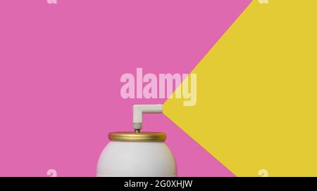 Bombe d'espace vierge pour copie blanche sur fond rose aérosol jaune pour pulvérisation. Maquette publicitaire, aérosol créatif. Banque D'Images