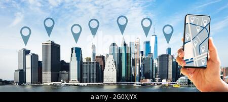 Application de technologie GPS basée sur la localisation numérique de New York Banque D'Images