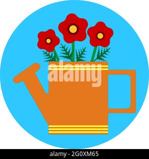 Un arrosoir orange avec des fleurs dessinées des pappys rouges sur un fond blanc Illustration de Vecteur