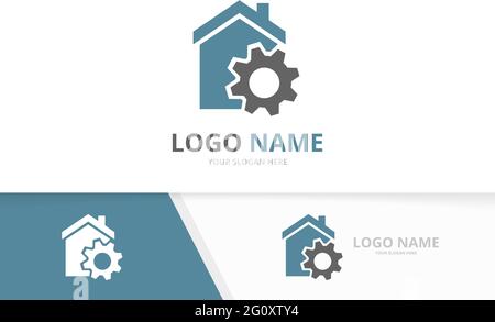 Combinaison de l'immobilier vectoriel et du logo Gear. Modèle unique de conception de logotype de maison d'usine. Illustration de Vecteur