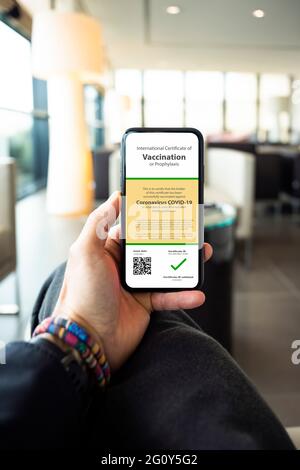 Main humaine tenant un smartphone avec un certificat de vaccination contre la maladie de Covid-19 (coronavirus). Banque D'Images