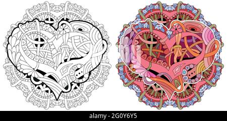 Vector adulte coloriage Livres textures avec mandala. Design artistique peint à la main. Page de coloration anti-stress pour adulte. Illustration de dessin à la main en noir et blanc Illustration de Vecteur