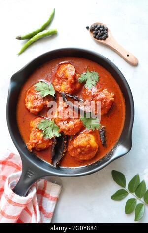 Goa Food - crevettes de Goan traditionnelles indiennes ou curry de crevettes. Kolambiche kalwan/Tikhle. Sauce au poisson maison chaude et épicée, cuite au lait de coco. Banque D'Images