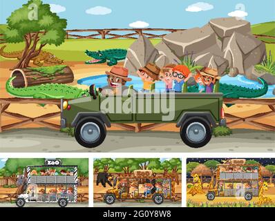 Différentes scènes de safari avec des animaux et des dessins de personnage de dessin animé d'enfants Illustration de Vecteur