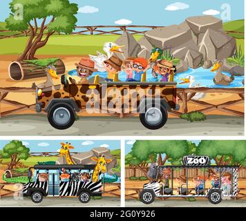 Différentes scènes de safari avec des animaux et des dessins de personnage de dessin animé d'enfants Illustration de Vecteur