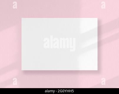 Carte carrée vierge, feuille blanche comme maquette avec des ombres ensoleillées sur la surface rose Banque D'Images
