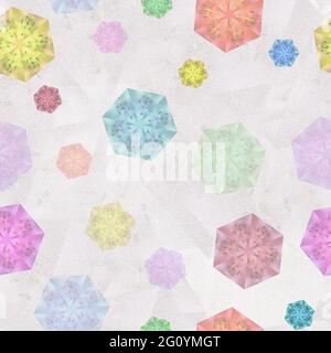 Motif sans couture. Hexagones aléatoires multicolores chaotiques, fond rose pâle. Éléments de conception Sexangulaire — macro azalea avec effet kaléidoscope Banque D'Images