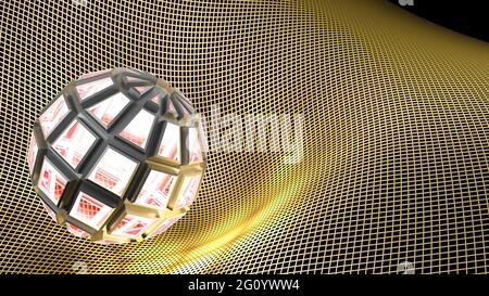Sphère en relief abstraite illuminant une grille jaune sur fond noir - illustration du rendu 3D Banque D'Images