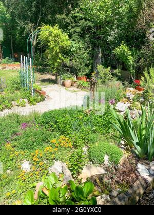 Petit jardin privé avec légumes et fleurs biologiques en croissance, Bron, France Banque D'Images