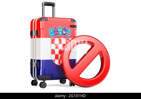 Croatie interdiction d'entrée. Valise avec drapeau croate et panneau d'interdiction. Rendu 3D isolé sur fond blanc Banque D'Images