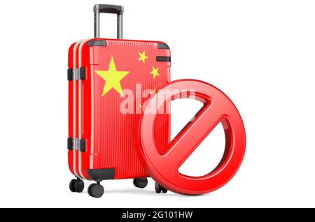 Interdiction d'entrée de la Chine. Valise avec drapeau chinois et panneau d'interdiction. Rendu 3D isolé sur fond blanc Banque D'Images