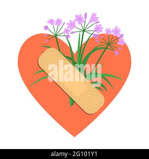 Pansements adhésifs sans couture et fleurs violettes. Patch médical isolé sur fond blanc. Illustration de Vecteur