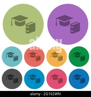 Capuchon de graduation avec livre à icônes plates plus foncées sur le rond de couleur arrière-plan Illustration de Vecteur