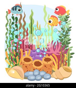 Récif de corail. Fond du réservoir. Océan de mer. Sous l'eau. Paysage avec poissons, plantes, algues et coraux. Bulles. Isolé. Illustration en dessin animé Illustration de Vecteur