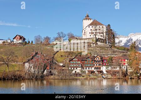 Village historique de Werdenberg avec château et lac Banque D'Images