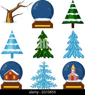 Ensemble de dessins animés colorés d'arbres de Noël et de boules de verre. Accessoires pour les fêtes d'hiver. Illustration vectorielle du thème de Noël pour autocollant, poster, labo Illustration de Vecteur