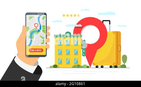 Trouver un hôtel et réserver un service en ligne pour le concept de l'application tourisme de vacances.Bannière de recherche et de réservation mobile d'appartement de voyage.Valise à bagages Motel et code PIN sur l'illustration vectorielle du smartphone Illustration de Vecteur