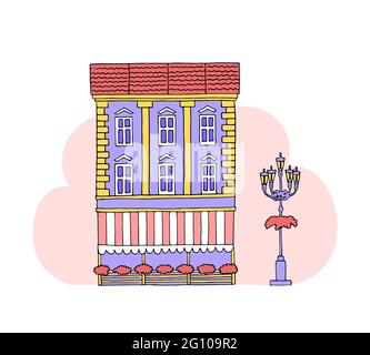 Bel immeuble urbain rétro avec un café au rez-de-chaussée. Feu de rue. Illustration de dessin animé de couleur vectorielle dessinée à la main Illustration de Vecteur