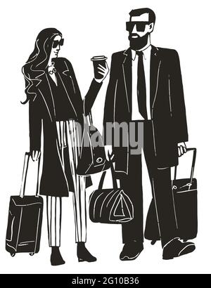 Couple de touristes mariés avec des valises noir et blanc esquisse. Illustration vectorielle Illustration de Vecteur