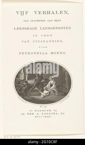 Intérieur avec père et mère dans enfant déchu, avec titre; page de titre pour: Petronella Moens, cinq histoires, dix cadeaux à mes compatriotes de bétail de lecture dans des heures de temps de disponibilité, Haarlem 1831. Intérieur avec père et mère en enfant tombé et mobilier saisissant, une chaise est décorée avec des guirlandes de fleurs. Banque D'Images