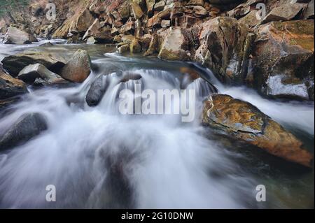 Cascades sur la rivière Kamyanka, montagnes Carpates, Ukraine. Prise à la fin de l'automne. Banque D'Images