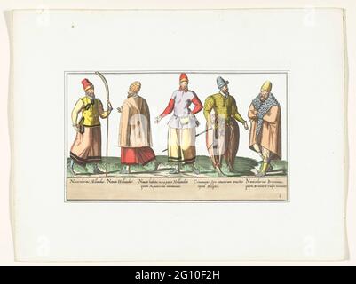 Cinq marins habillés selon la mode aux pays-Bas et en Bretagne, environ 1580; costumes marins. Cinq marins habillés selon la mode aux pays-Bas et en Bretagne, environ 1580. Partie de la série Habius Vararum Gentium, prières de costume en fax, étagère 8. Banque D'Images