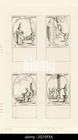 Brictius sacré de Tours et Aemilianus cucullatus sacré, Saint Serapion d'Alger, Eugenius sacré de Paris, Saint Edmundus d'Abingdon (13-16 novembre); tous les saints et les fêtes chrétiennes de l'année. Feuille avec quatre représentations ovales, chacune avec inscription et date en latin: En haut à gauche le brictius sacré de tours avec des charbons lumineux dans un bâtiment de ses vêtements et le Saint aemilien cucullatus jouant sur sa flûte, En haut à droite du Saint Sérapion d'Alger celui d'un bâtiment, en bas à gauche du Saint Eugenius de Paris qui attire un homme de la mer la plage, au bas ri Banque D'Images